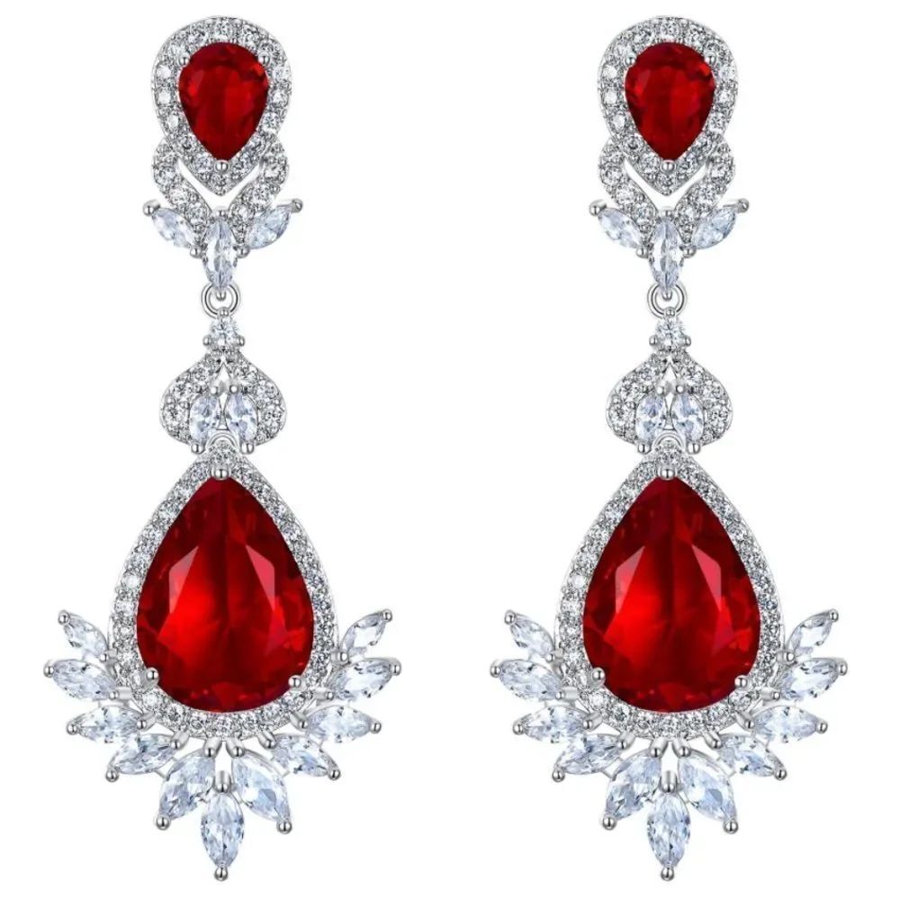 Silver with Ruby and Diamond Cubic Zirconia Vintage Style Chandelier Earrings